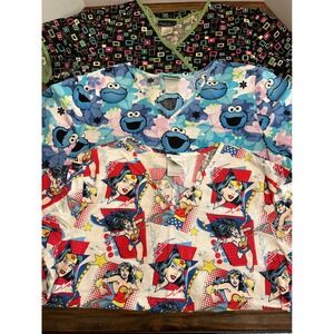 Scrub Tops Large Bundle of‎ 3 Tops Wonder Woman Cookie Monster Nurse Medical